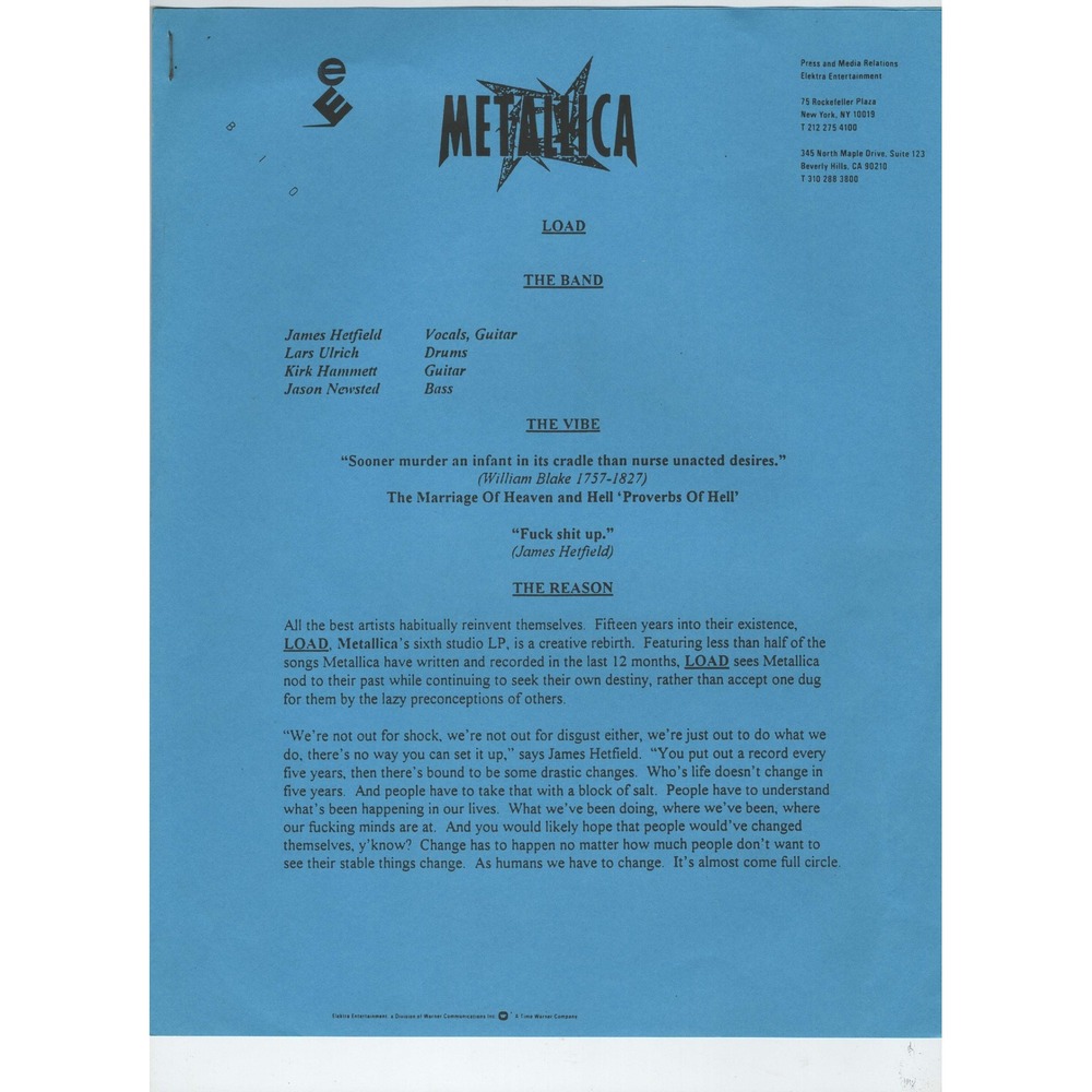 Vintage 1996 Metallica Load Press Release Bio Elektra Entertainment 4-Page Promo